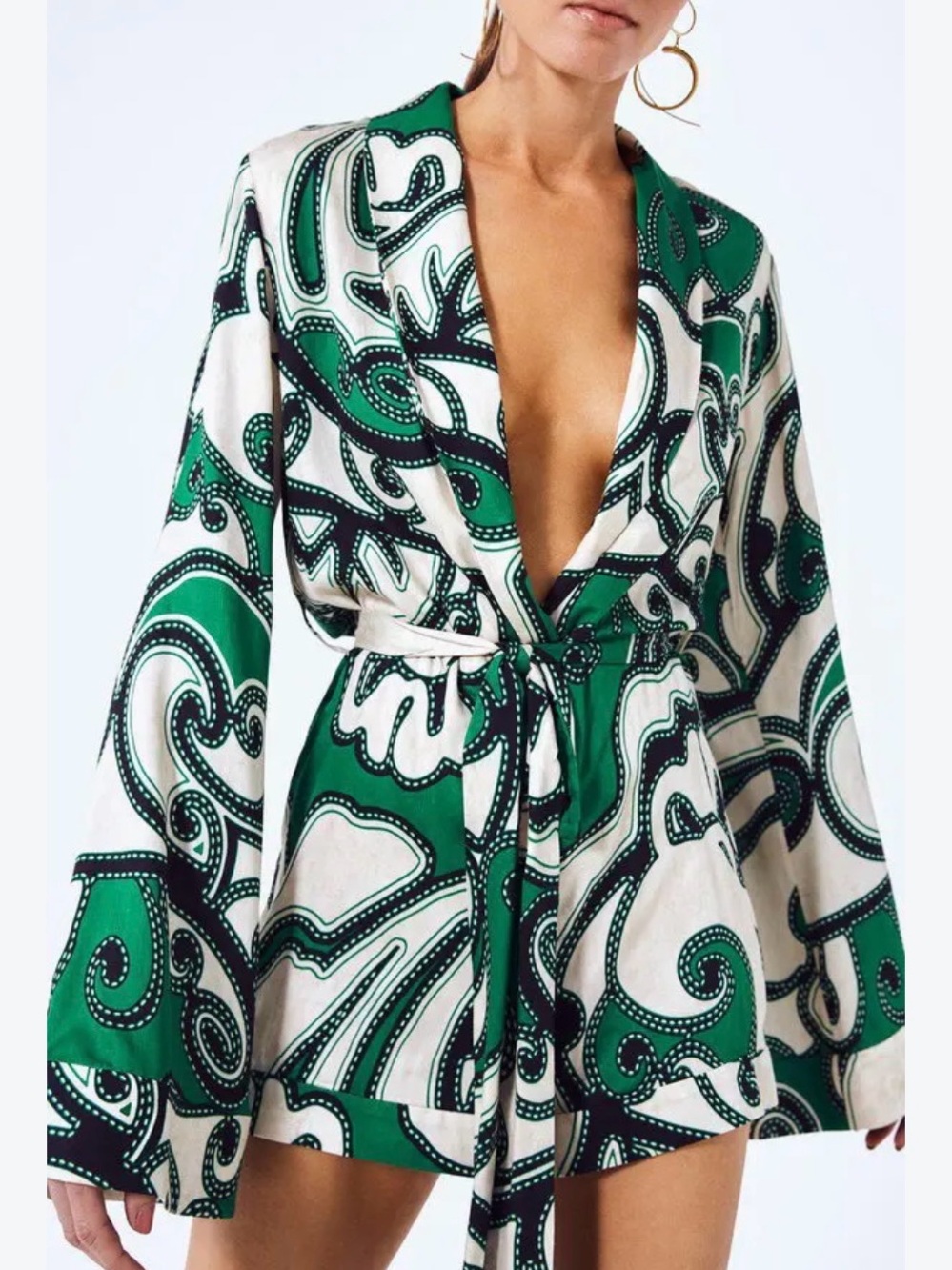 Alexis Green and White Paisley Satin Wrap Romper